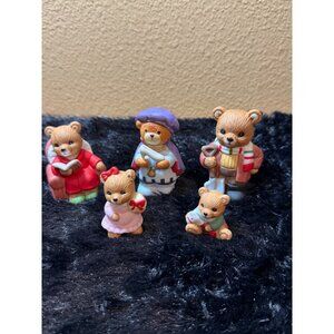 Vintage Homco Porcelain Bear Figurine Set Of 5 Family Reading & Winter Scene